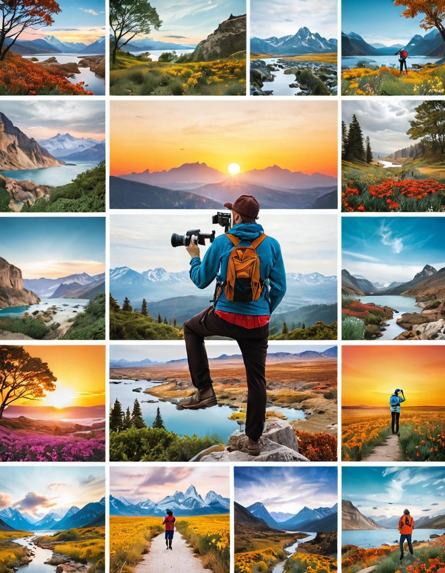 A dynamic collage showcasing a photographer at work, capturing various stunning landscapes and portraits transitioning from simple snapshots to artistic masterpieces. Include elements like a camera, vibrant nature scenes, colorful abstract art pieces, and visual symbols of creativity. Emphasize a feeling of transformation and inspiration. super-realistic. vibrant colors. white background.