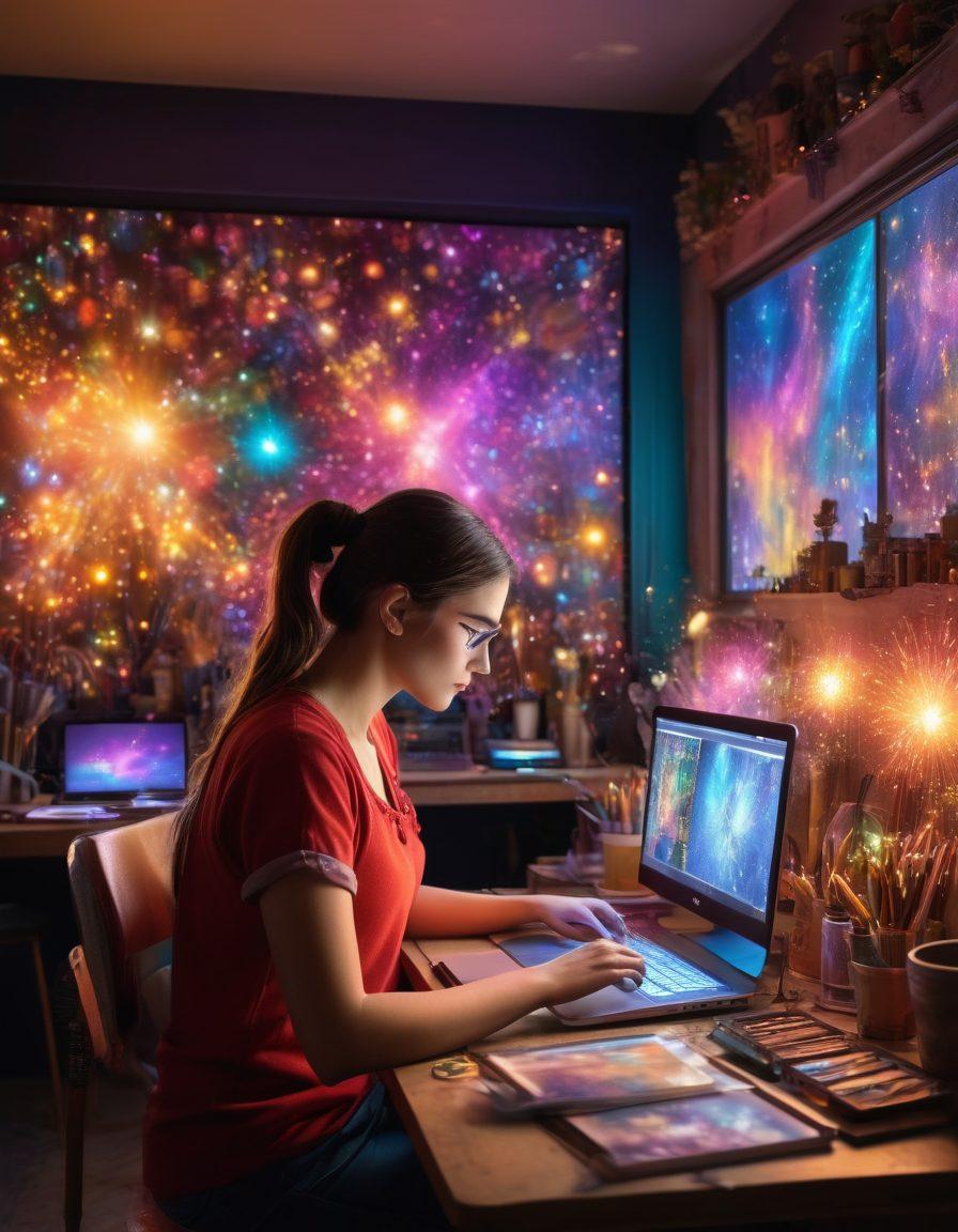 A whimsical editing studio filled with enchanted tools and colorful screens. In the foreground, a digital artist passionately working on a vibrant image with magical elements like sparkles and shimmering effects surrounding them. The background showcases before and after images on the walls, depicting a stunning transformation of visuals. An array of artistic supplies and a glowing laptop emphasizes creativity and innovation. surrealistic. vibrant colors. 3D.