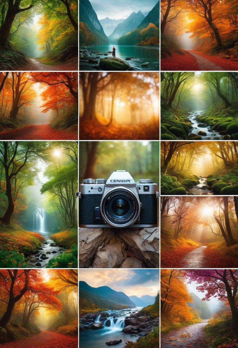 An intricate collage showcasing diverse photography techniques, including a camera snapping vibrant landscapes, portraits with dramatic lighting, and macro shots of nature's details. Soft bokeh effects in the background create a dreamy feel, while diverse photographers, each capturing different scenes, are scattered throughout the image. A color palette of rich hues enhances the visuals, representing the beauty of storytelling through photography. vector art. vibrant colors.